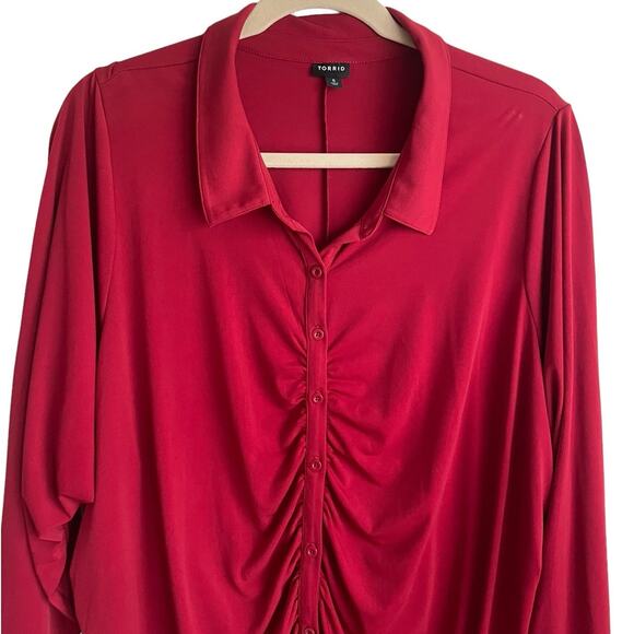 Torrid Women Tunic Top 6X Red Ruched Button Front Long Sleeve Workwear Office - Picture 11 of 11